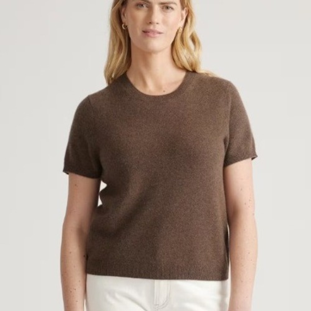 Quince 100% Cashmere Short Sleeve Sweater Women Large Brown Crew Neck Knit